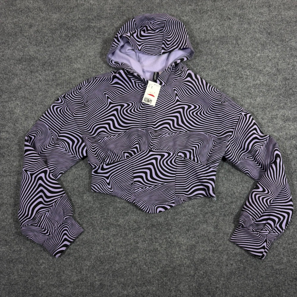 H&M Divided Swirl Print Corset Hem Hoodie Womens Medium Purple Black Cotton NWT